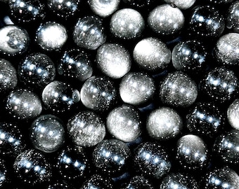 AAA Natural Silver Obsidian Gemstone Bead 6mm 8mm 10mm 12mm Round Bead, Gorgeous Black Silver Sheen Bead, Excellent Quality Full Strand 15.5