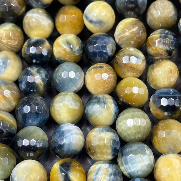 AAA Natural blue yellow tiger eye gemstone round bead. Faceted 6mm 8mm 10mm 12mm round bead. Natural blue honey yellow color gemstone bead.