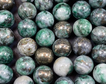 NATURAL Pyrite in Green Jade Gemstone Bead 6mm 8mm 10mm Round Beads. Gorgeous Green Color Copper Ore Gemstone Loose Beads Full Strand 15.5"