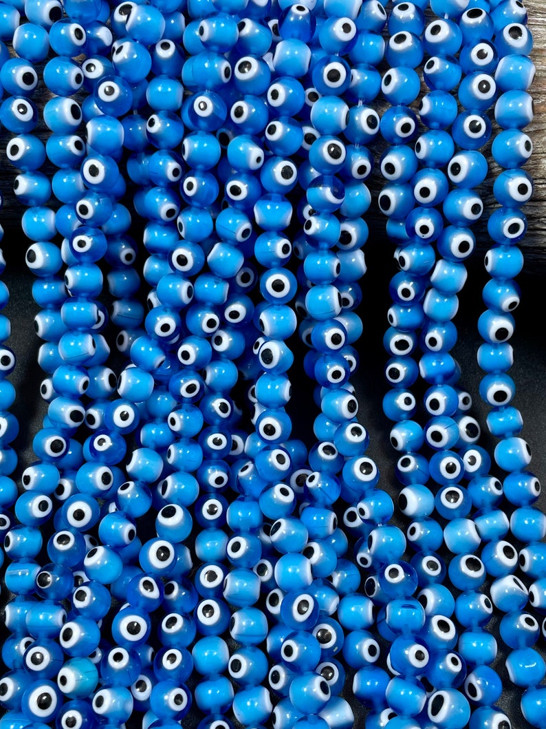 Evil eye glass beads 6mm 8mm 10mm round shape. Lucky eye bead, beautiful turquoise blue color, white and black eye. Full strand glass beads image 6