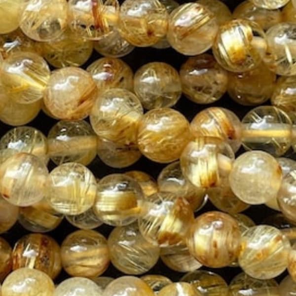 Perle en pierre de quartz rutilée en or naturel AAA. Perle ronde lisse de 4 mm 6 mm 8 mm 10 mm. Magnifique quartz rutile naturel de couleur jaune doré !