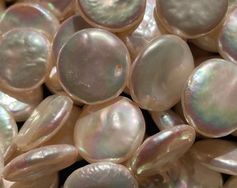 AA natural fresh water pearl. 9-10mm coin shape pearl pendant . Beautiful natural creamy white color pearl bead. Full strand 14.”strand