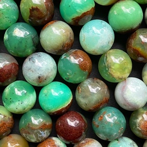 AA Une perle de chrysoprase naturelle. Perle ronde de 4 mm 6 mm 8 mm 10 mm 12 mm. Superbe perle en chrysoprase brun-vert. Grande qualité. 15,5 pouces