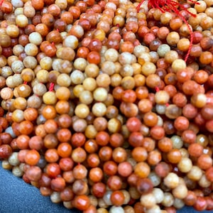 AAA Natural red coral stone bead . Faceted 2mm 4mm round bead . Beautiful natural orange red gemstone bead . Full strand 15.5”