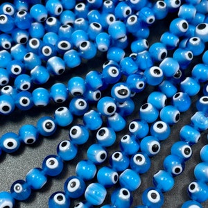 Evil eye glass beads 6mm 8mm 10mm round shape. Lucky eye bead, beautiful turquoise blue color, white and black eye. Full strand glass beads image 2