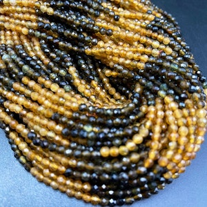 AAA Black yellow turmaline stone bead. Faceted 3mm 4mm round bead. Gorgeous natural black turmaline yellow turmaline. Full strand 15.5”