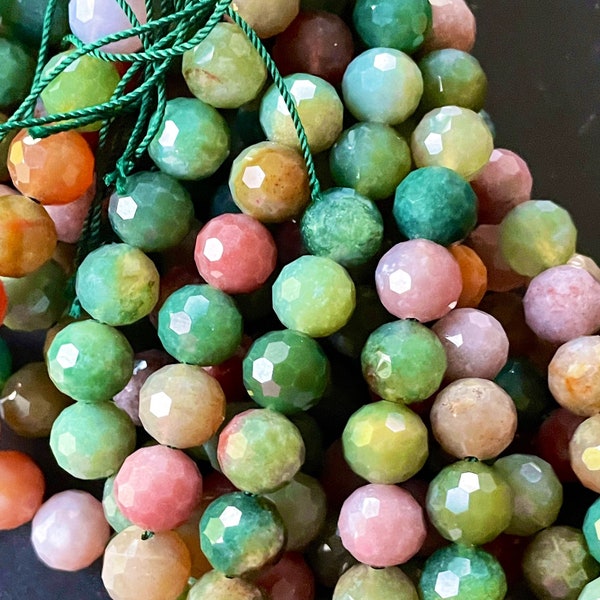 Natural Indian jade stone bead. Faceted 6mm 8mm 10mm round bead. Beautiful natural green brown red multi color jade gemstone full strand15.5