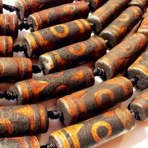 NATURAL Gemstone Tibetan beads hand Painted Agate, 38x12mm Cylinder Shape, Brown color, Full Strand 16” Not treated in anyway! AAA Quality!