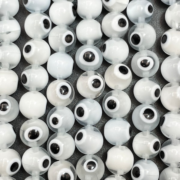 Evil eye glass beads 6mm 8mm 10mm round shape. Lucky eye beads, beautiful white clear color, white and black eye. Full strand glass bead