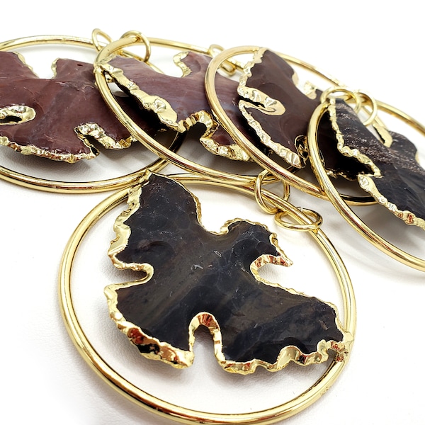 NATURAL Gemstone Chocolate Jasper birds, gold rim pendant, 51mm, Great for making JEWELRY! Not treated in anyway! AAA quality!!