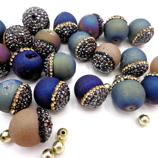 NATURAL Gemstone Druzy agate beads with Pave Crystal Cap 11mm Beads, Great for JEWELRY making! AAA Quality!!!