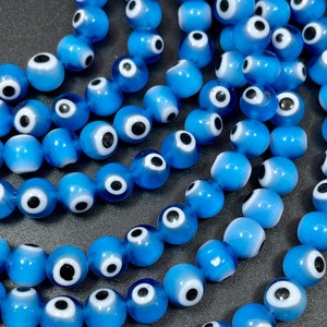 Evil eye glass beads 6mm 8mm 10mm round shape. Lucky eye bead, beautiful turquoise blue color, white and black eye. Full strand glass beads image 3