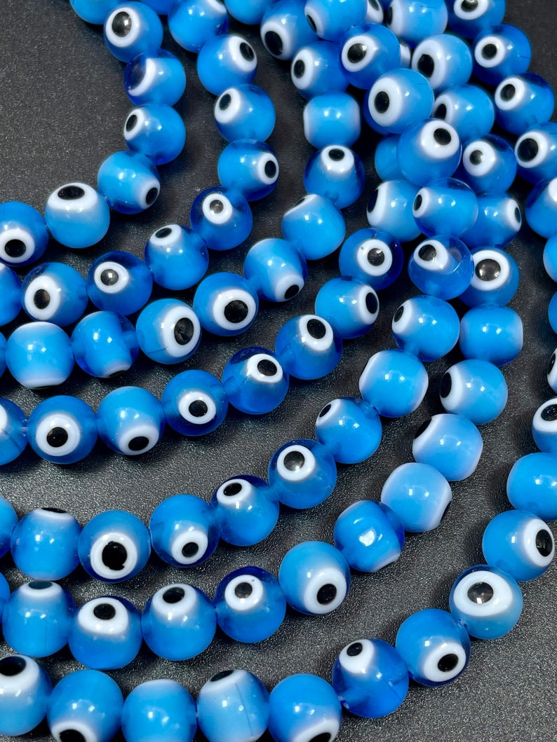 Evil eye glass beads 6mm 8mm 10mm round shape. Lucky eye bead, beautiful turquoise blue color, white and black eye. Full strand glass beads image 3