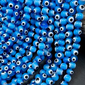 Evil eye glass beads 6mm 8mm 10mm round shape. Lucky eye bead, beautiful turquoise blue color, white and black eye. Full strand glass beads image 5