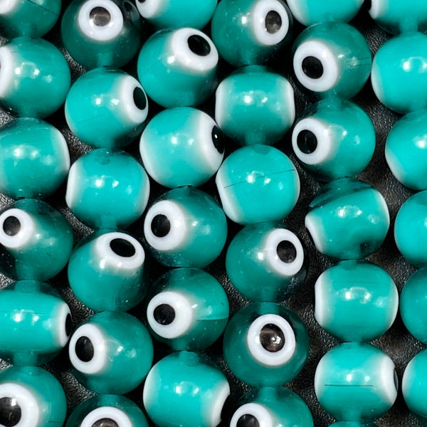 Evil eye glass beads 4mm 6mm 8mm round shape. Lucky eye beads, beautiful green turquoise color, white and black eye. Full strand evil eye