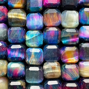 AAA Natural galaxy tiger eye stone bead. Faceted 9mm cube shape bead. Beautiful multi rainbow color tiger eye bead. , real nice quality bead