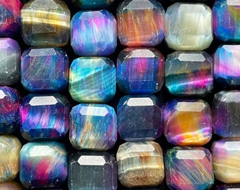 AAA Galaxy Tiger Eye Stone Bead: Faceted 9mm Cube, Rainbow Colors