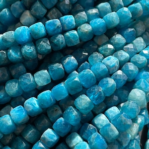 AAA Natural apatite stone bead . Faceted 8mm cube shape bead . Beautiful royal blue natural color apatite gemstone bead 15.5” strand