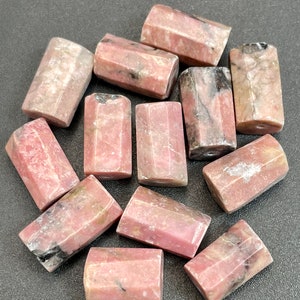 Natural Rhodonite gemstone bead. Faceted 8x15mm tube shape bead. Natural berry pink, beige, black color. Great quality Rhodonite pendant