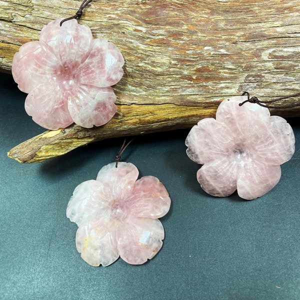 100% hand Carved rose quartz flower pendant . Hand made gemstone pendant . 50mm natural pink rose quartz gemstone pendant . Loose bead ..