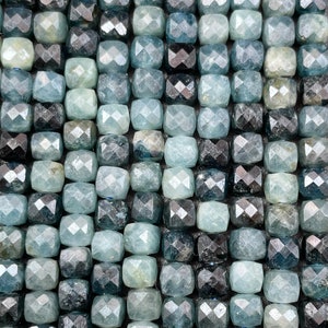 Natural Blue Tourmaline stone bead. Faceted 4mm cube shape bead. Beautiful natural blue black tourmaline gemstone bead. Full strand 15.5”