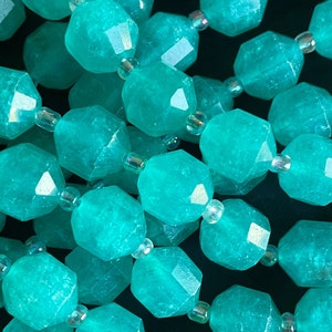 Beautiful natural amzonite stone bead. Faceted diamond cut 10mm bead. Beautiful blue color amzonite gemstone bead . Full strand 15.5”