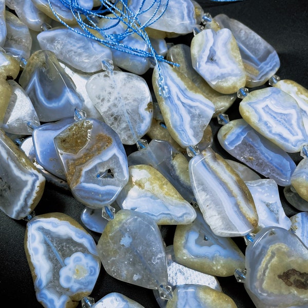 Natural blue lace agate with druzy . Flat Freedom shape . Unique Natural blue white with druzy blue lace agate gemstone bead. Full strand 15