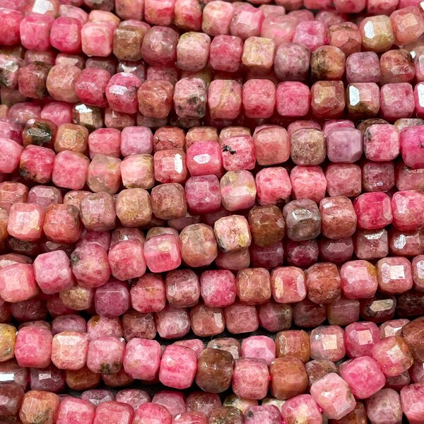 AAA Natural rhodonite gemstone bead . Faceted cube shape. 4mm 6mm . Natural barriers pink color rhodonite gemstone bead !