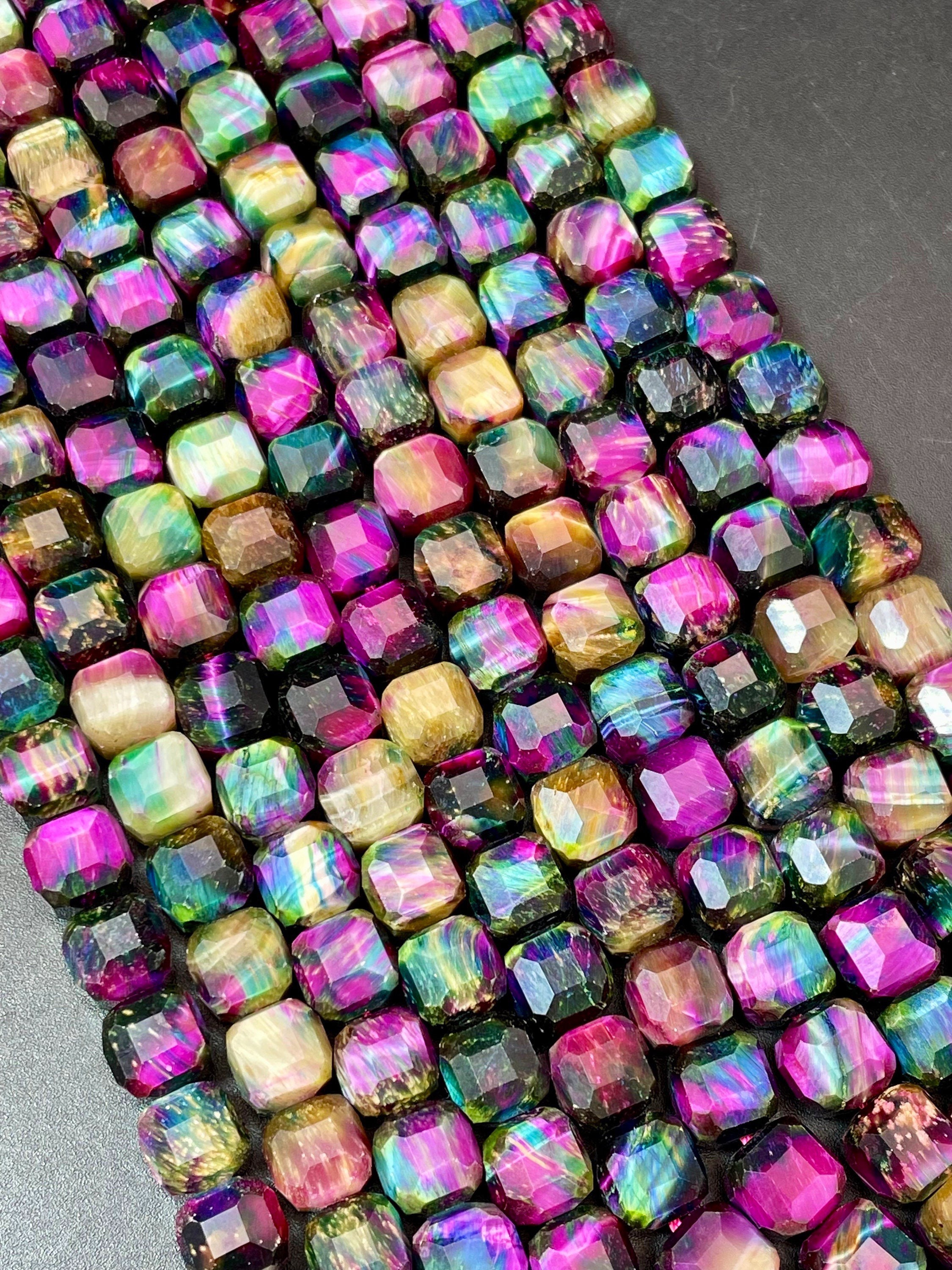 Natural galaxy tiger eye stone bead. Faceted 9mm cube shape bead. Gorgeous pink purple blue multi color tiger eye gemstone. High quality!