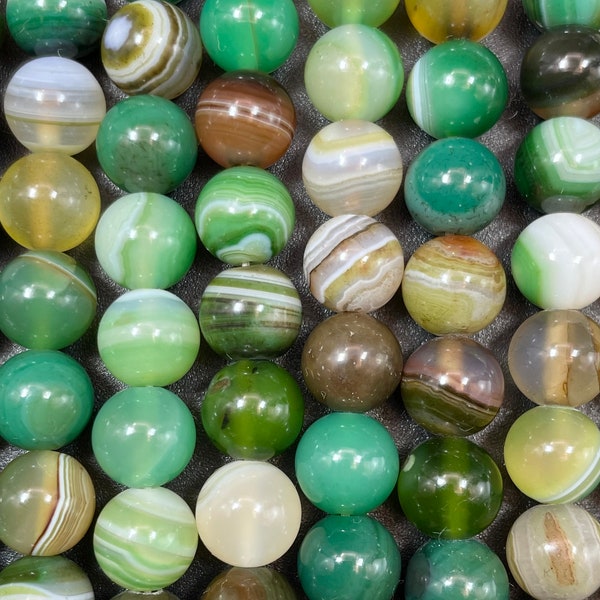 Perla di pietra di agata naturale del Botswana. Perlina rotonda liscia da 6 mm 8 mm 10 mm 12 mm. Splendida perla di pietra preziosa del Botswana di colore verde marrone. Filo intero 15,5"