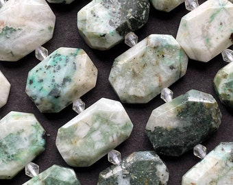 Natural green moss agate stone bead . Faceted 16x22mm rectangle shape. Gorgeous natural green forces color gemstone. 15.5” strand bead