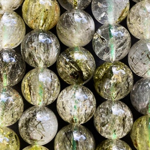 AAA Natural green tourmaline rutilated quartz stone bead. 9mm 10mm round bead. Gorgeous green with black hairs Looking gemstone bead