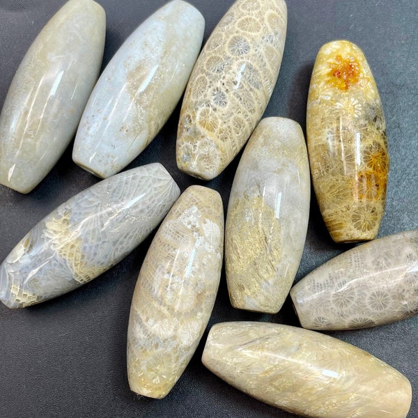 Natural Fossil Coral Stone Bead. Smooth 16x40mm Barrel shape bead. Beautiful natural beige color, natural flower design. Great for pendant!