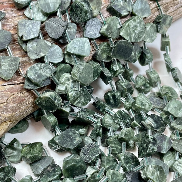 Natural Seraphinite gemstone bead. Raw 10x14mm teardrop shape bead. Beautiful natural green color, high quality! Full strand 15.5"