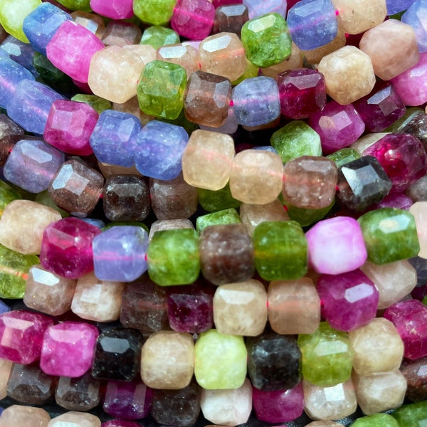 Natural Tourmaline Gemstone Bead Faceted 8mm Cube Shape, Gorgeous Natural Multicolor Tourmaline Gemstone Bead Full Strand 15.5"