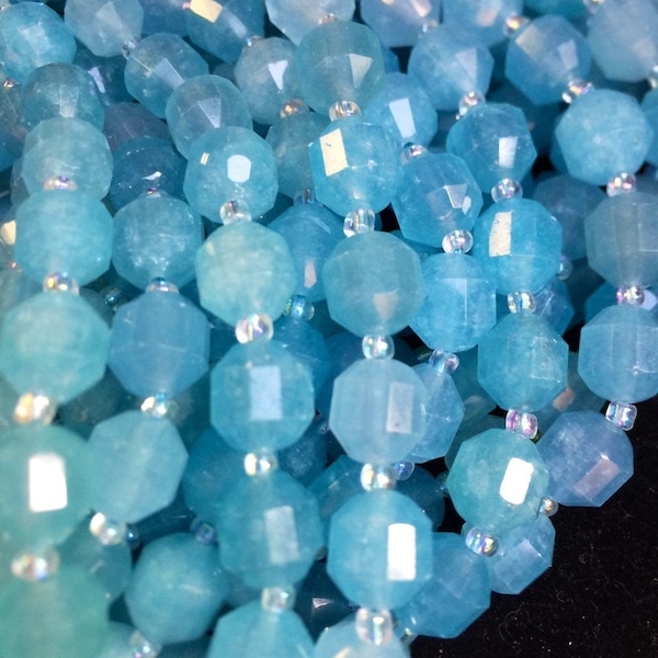 AAA + aquamarine bead . 8mm10mm faceted diamond cut gemstone bead . Gorgeous blue aguamarine bead . High quality gemstone 15.5” strand