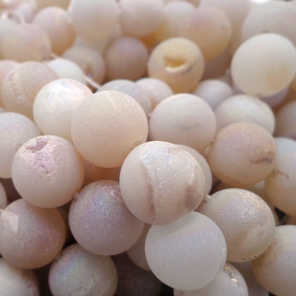 Perles en agate druzy, pierres précieuses naturelles, rondes lisses blanc cassé, finition mate, brin complet de 12 mm 10 mm 6 mm 15,5 po. Idéal pour la fabrication de bijoux !!!
