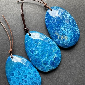 Hermoso colgante de coral fósil natural. Forma de lágrima, 30 x 45 mm. Hermoso colgante de coral fósil de color azul cielo. Gran calidad.