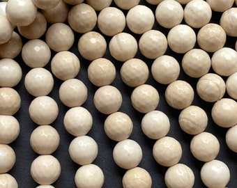 Perle en pierre de rivière naturelle. Perle ronde à facettes 4mm 6mm 8mm 10mm 12mm. Magnifique perle de pierres précieuses de couleur crème naturelle. Brin complet 15,5"