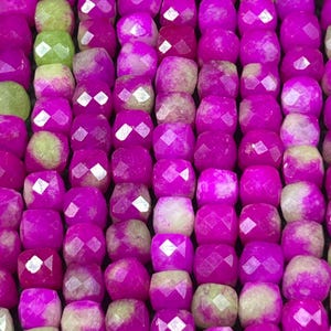 Natural gemstone bead. faceted cube shape bead. Hot Pink with Green jade gemstone bead. excellent quality. full strand 15.5”