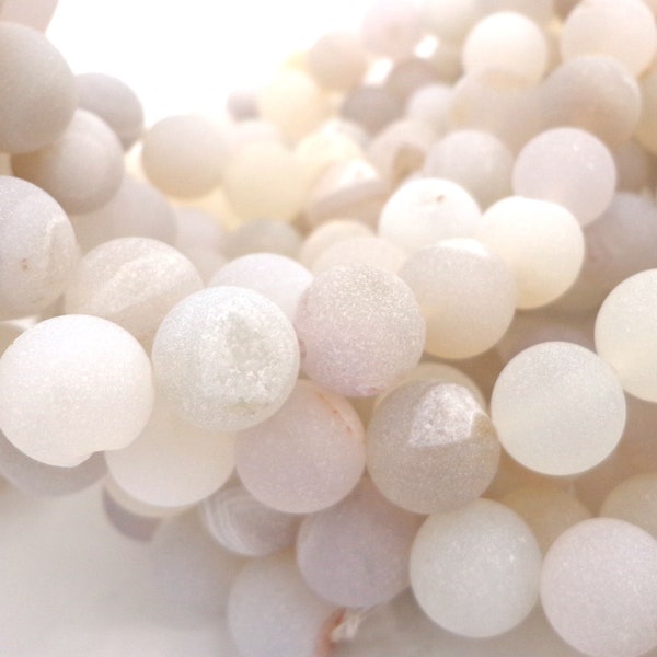 NATURAL Gemstone Druzy Agate Beads, White Smooth Round, Matte Finish, 6mm 8mm 12mm 10mm Full Strand 15.5" Great for jewelry making!!!