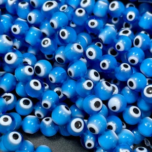 Evil eye glass beads 6mm 8mm 10mm round shape. Lucky eye bead, beautiful turquoise blue color, white and black eye. Full strand glass beads image 8