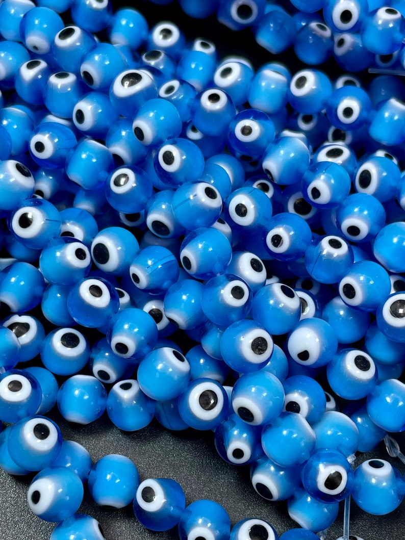 Evil eye glass beads 6mm 8mm 10mm round shape. Lucky eye bead, beautiful turquoise blue color, white and black eye. Full strand glass beads image 8