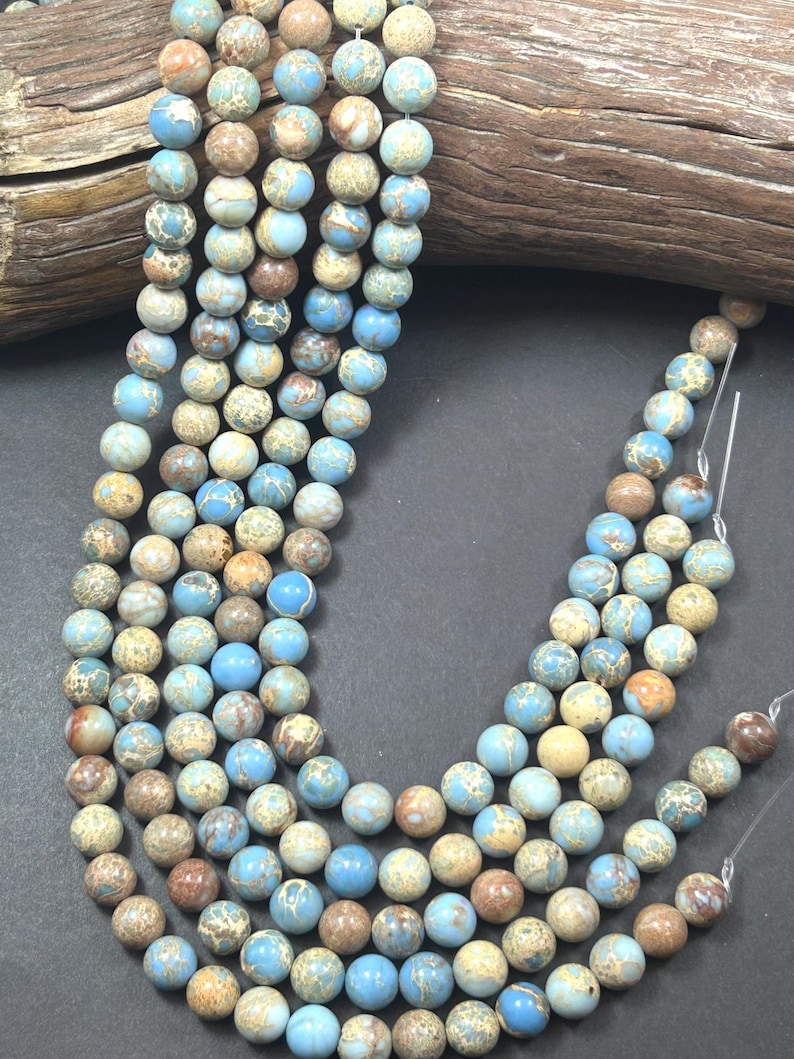 Natural Sea Sediment Gemstone Bead 6mm 8mm 10mm Round Beads, Beautiful light Blue Beige Color Imperial Beads Full Strand 15.5" image 6