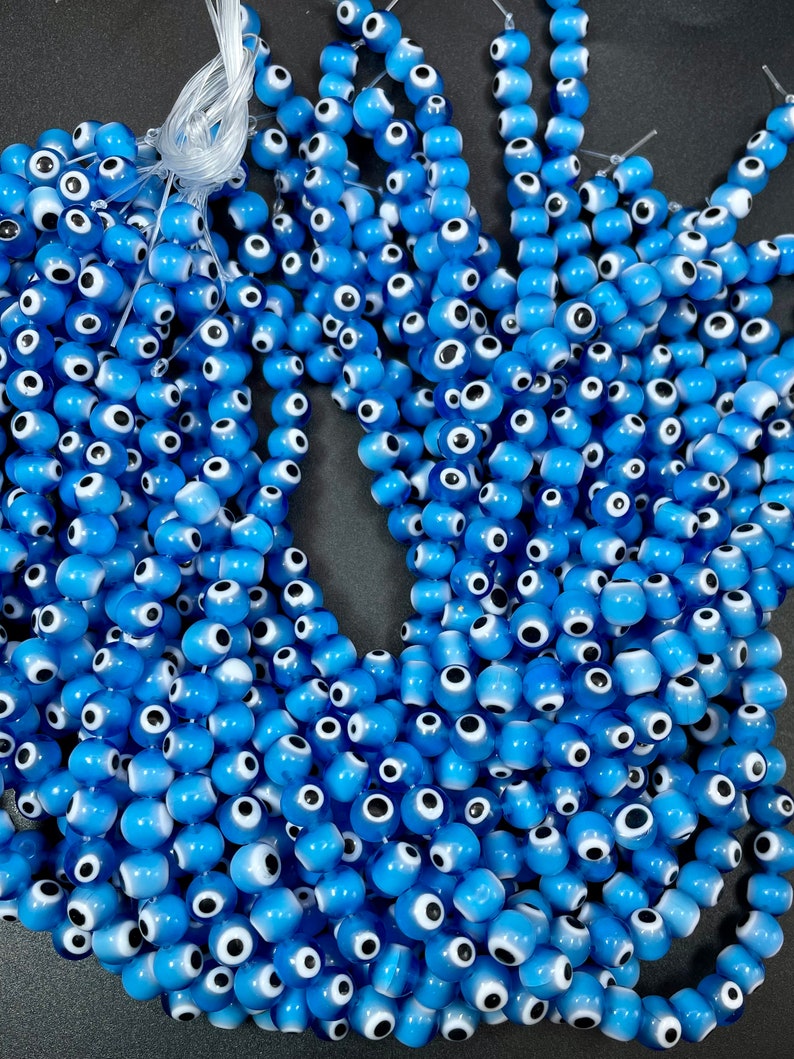Evil eye glass beads 6mm 8mm 10mm round shape. Lucky eye bead, beautiful turquoise blue color, white and black eye. Full strand glass beads image 4
