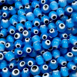 Evil eye glass beads 6mm 8mm 10mm round shape. Lucky eye bead, beautiful turquoise blue color, white and black eye. Full strand glass beads image 7