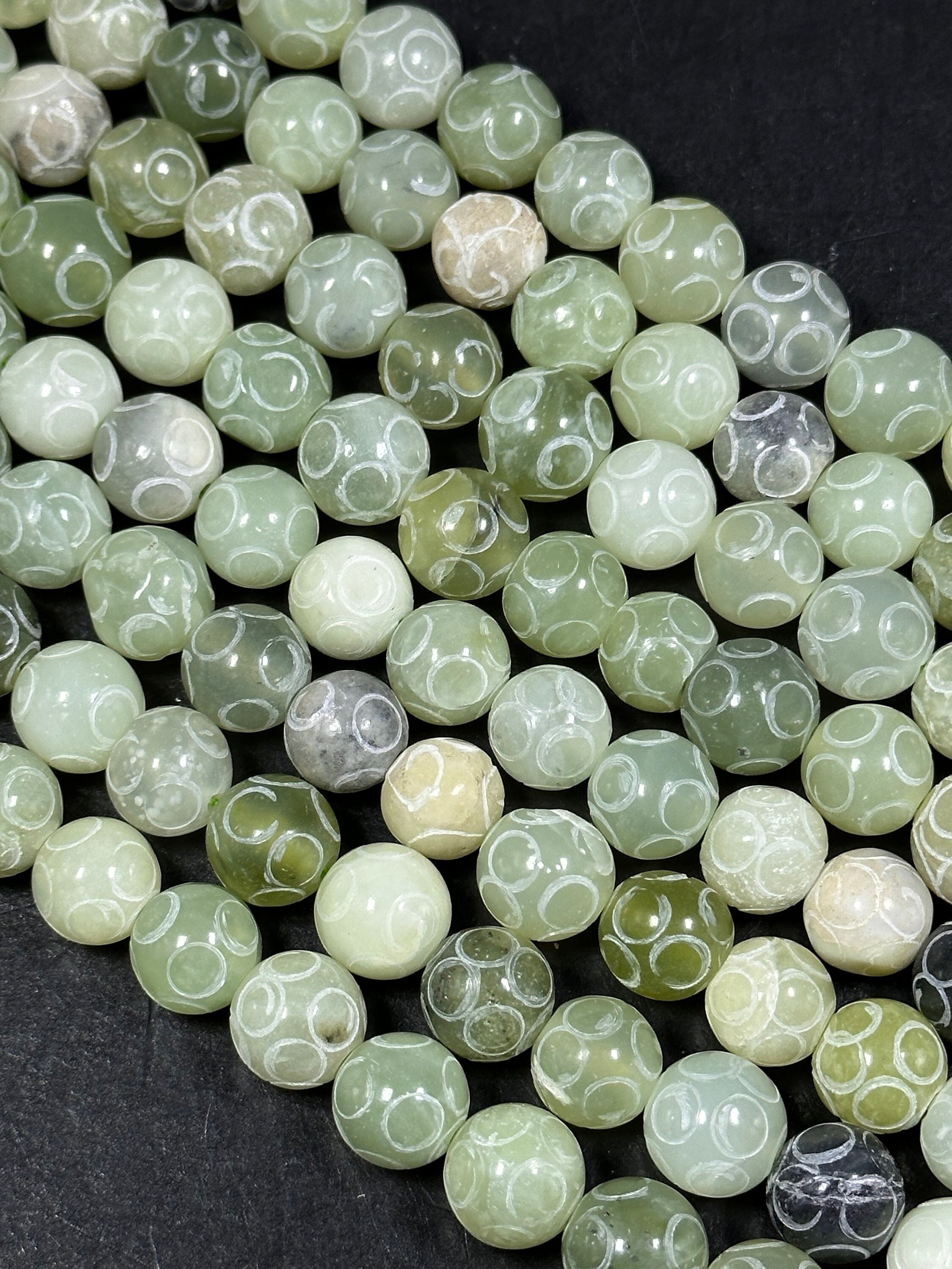 NATURAL Hand-Carved Jade Gemstone Bead, 12-13mm Round Beads. Beautiful Natural Green Jade Color Loose Beads Full Strand 15.5"