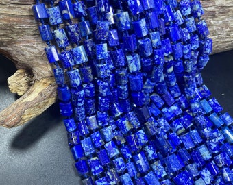 Natural lapis lazuli stone bead. Faceted 8x12mm tube shape. Gorgeous royal blue natural color lapis lazuli gemstone bead. Full strand 15.5”