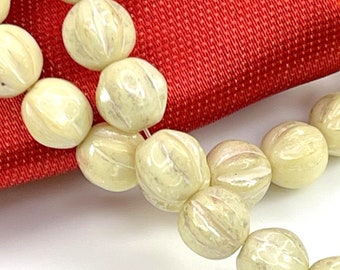 Round 6 mm Fluted Boho Melon Roller Beads With 2 mm Hole, Ivory With Mercury Finish, 25 beads per strand