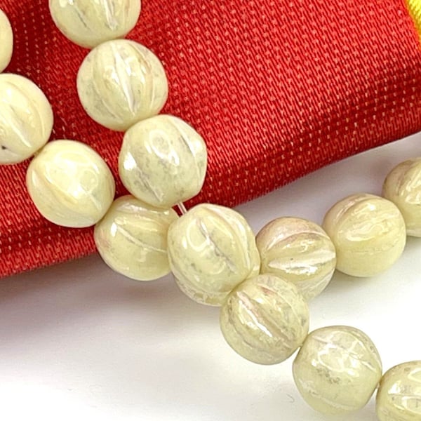 Round 6 mm Fluted Boho Melon Roller Beads With 2 mm Hole, Ivory With Mercury Finish, 25 beads per strand